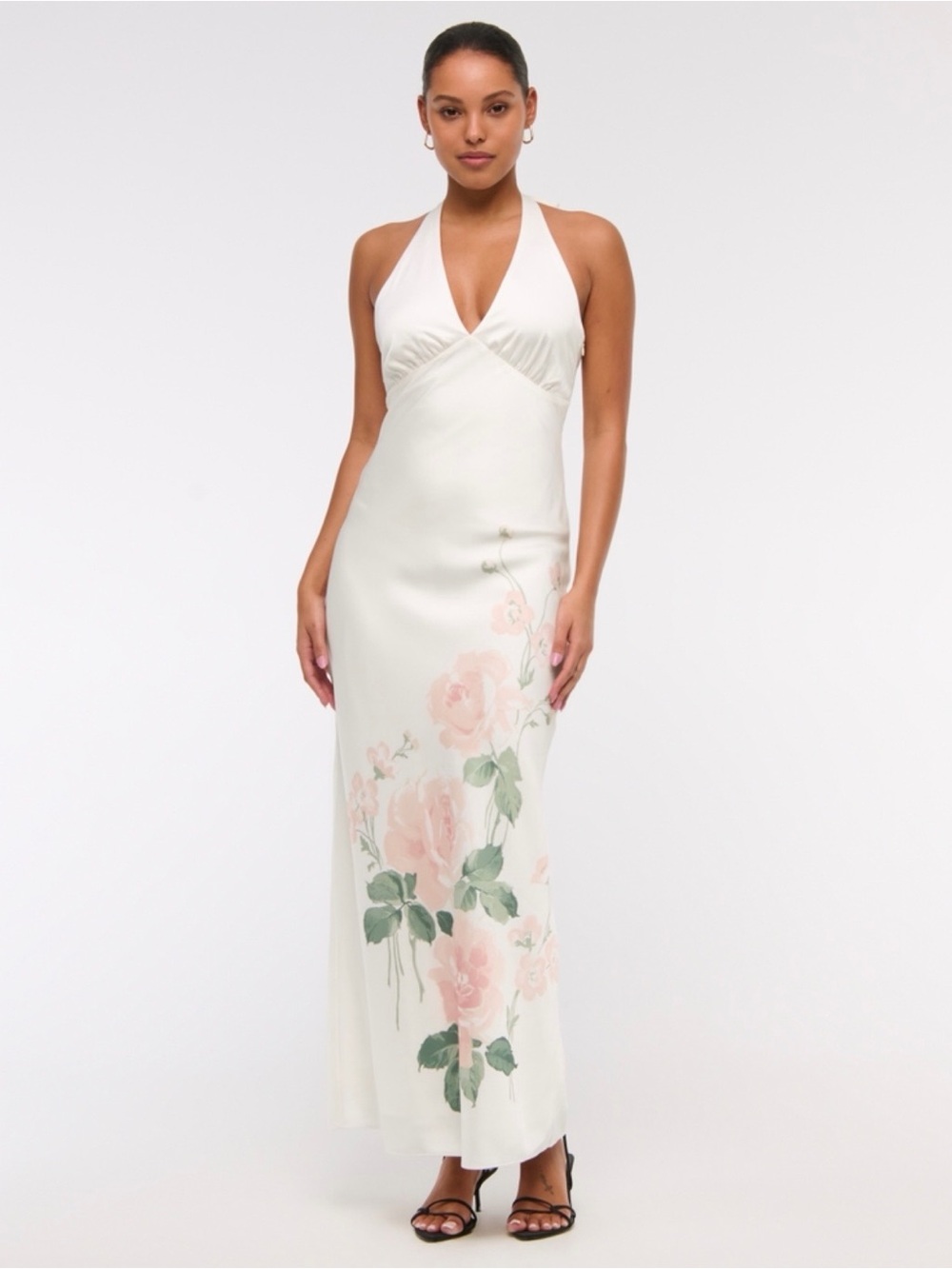 Abercrombie & Fitch Ivory Halter Maxi Dress with Blush Floral Print